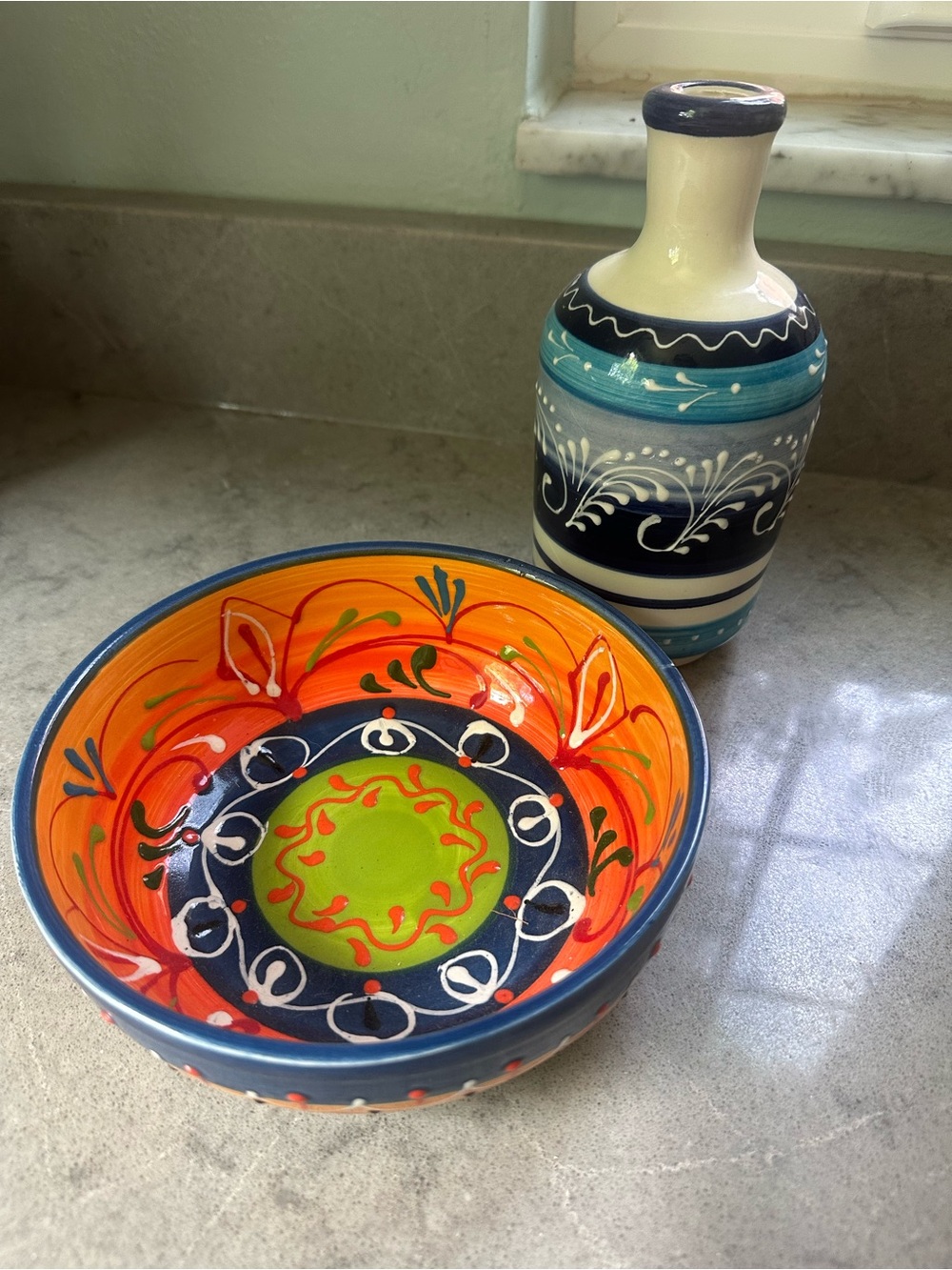 Hand-Painted in Spain Orange & Blue Decorative Ceramic Bowl and Bud Vase